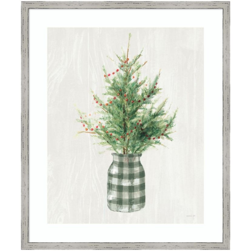 White and Bright Christmas Tree II Plaid by Danhui Nai Wood Framed Wall Art Print