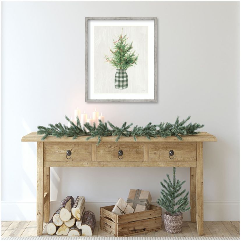 White and Bright Christmas Tree II Plaid by Danhui Nai Wood Framed Wall Art Print