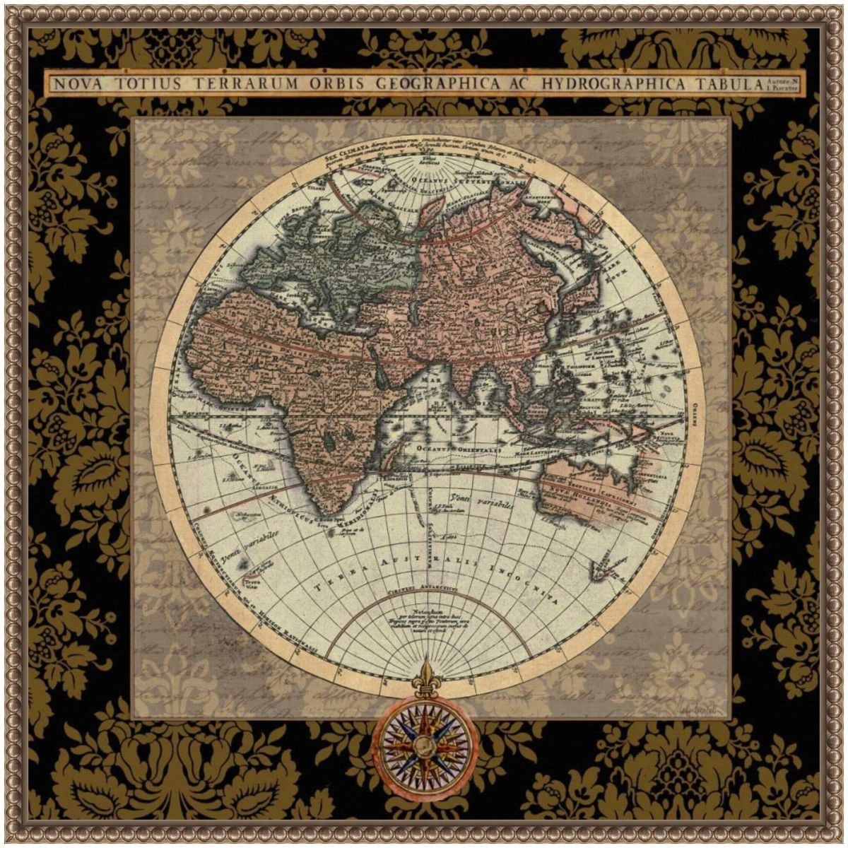 Damask on Black Map I Framed Canvas Wall Art Print