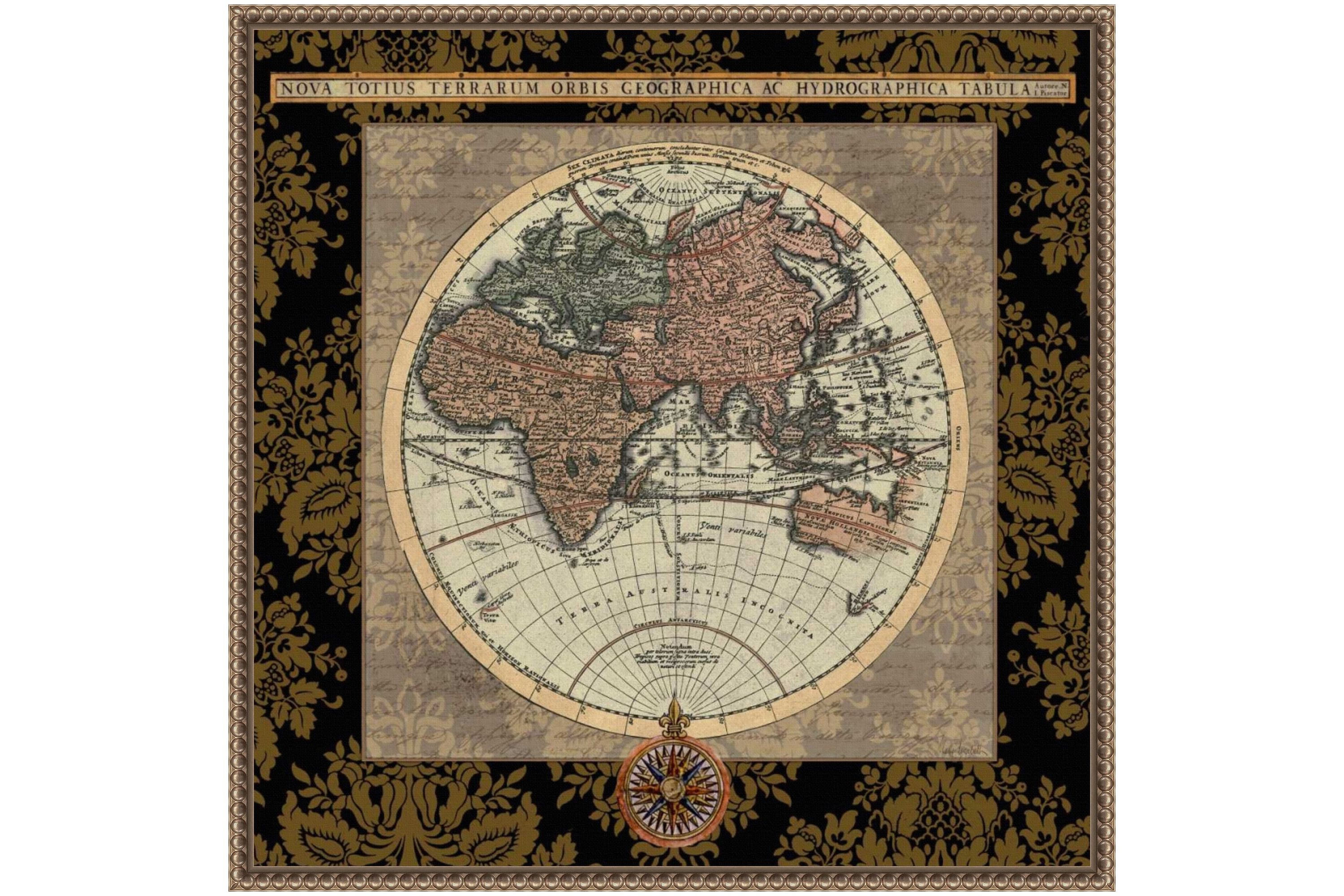 Damask on Black Map I Framed Canvas Wall Art Print