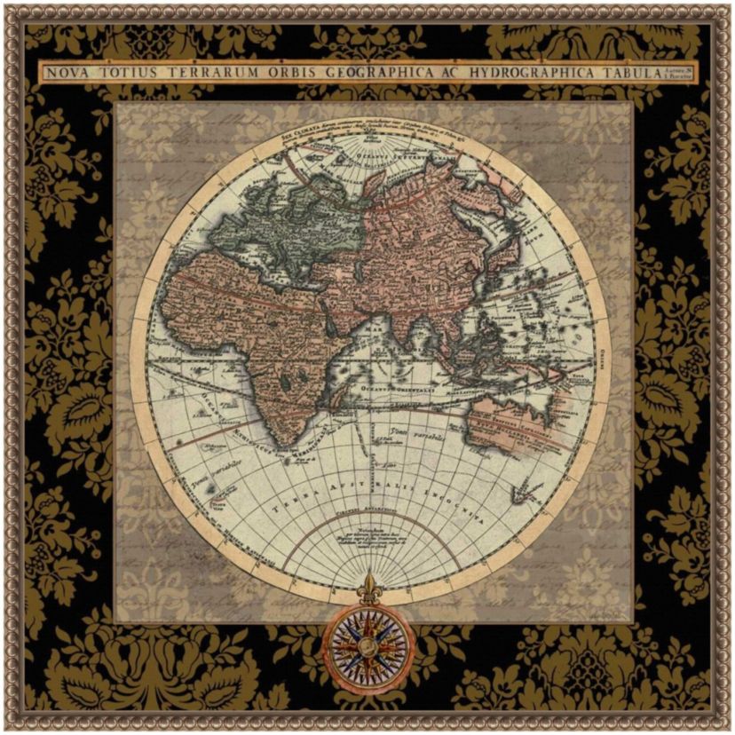 Damask on Black Map I Framed Canvas Wall Art Print
