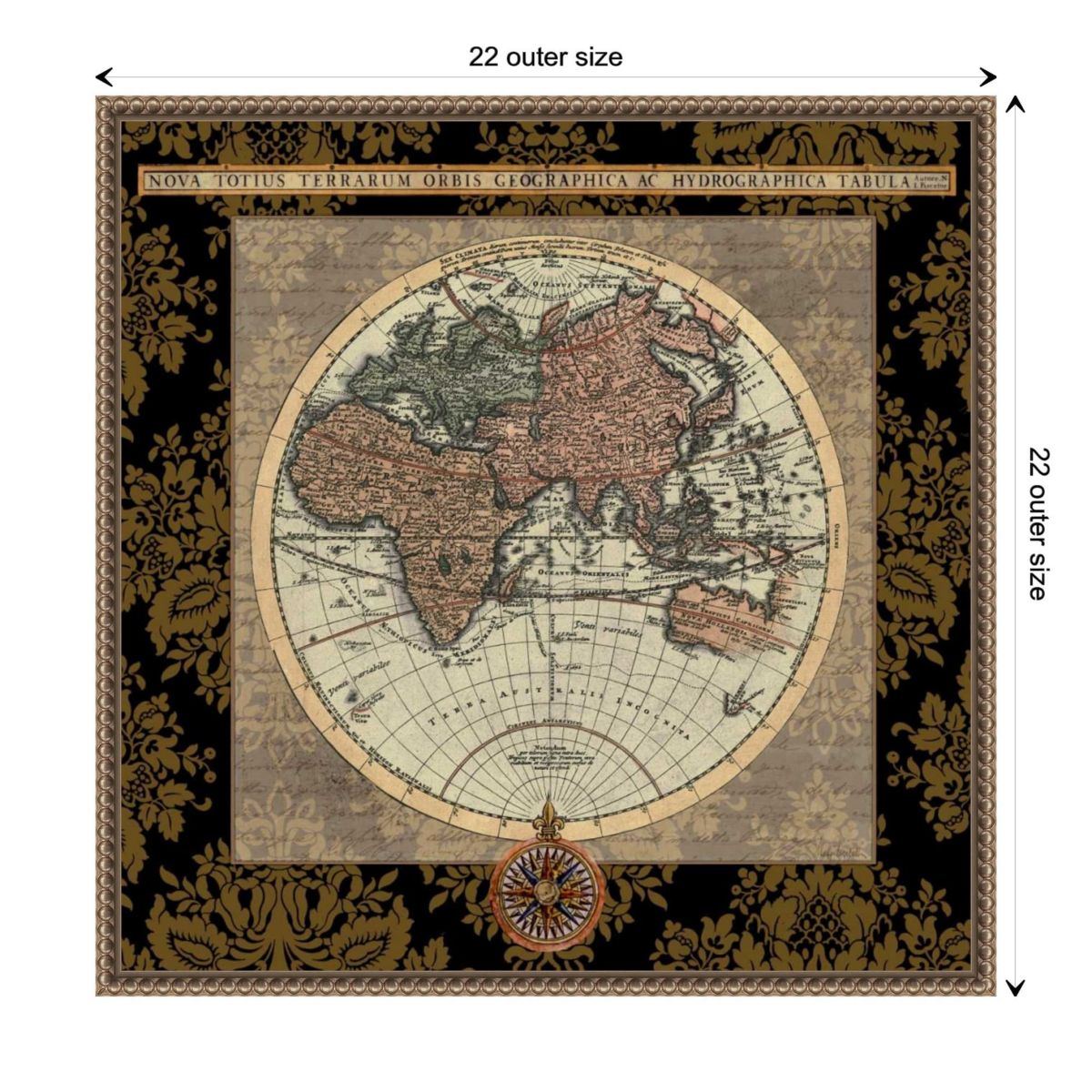 Damask on Black Map I Framed Canvas Wall Art Print