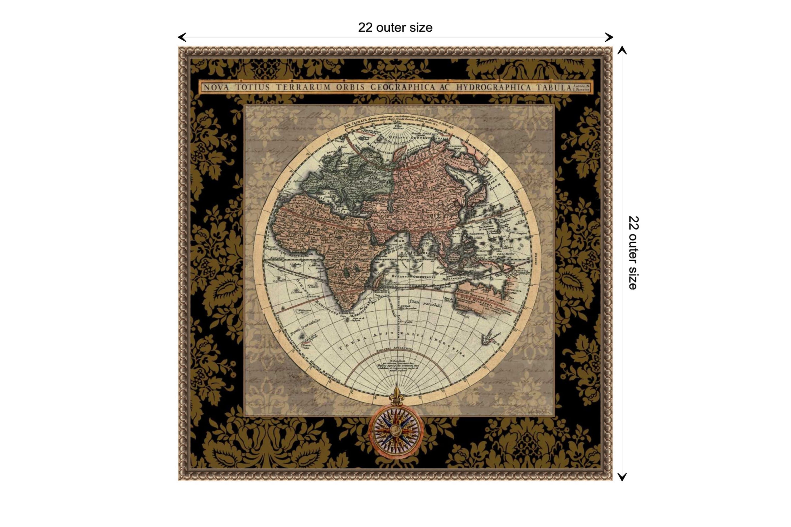 Damask on Black Map I Framed Canvas Wall Art Print