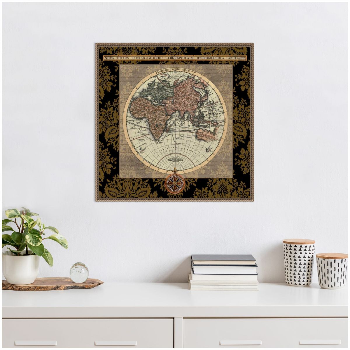 Damask on Black Map I Framed Canvas Wall Art Print