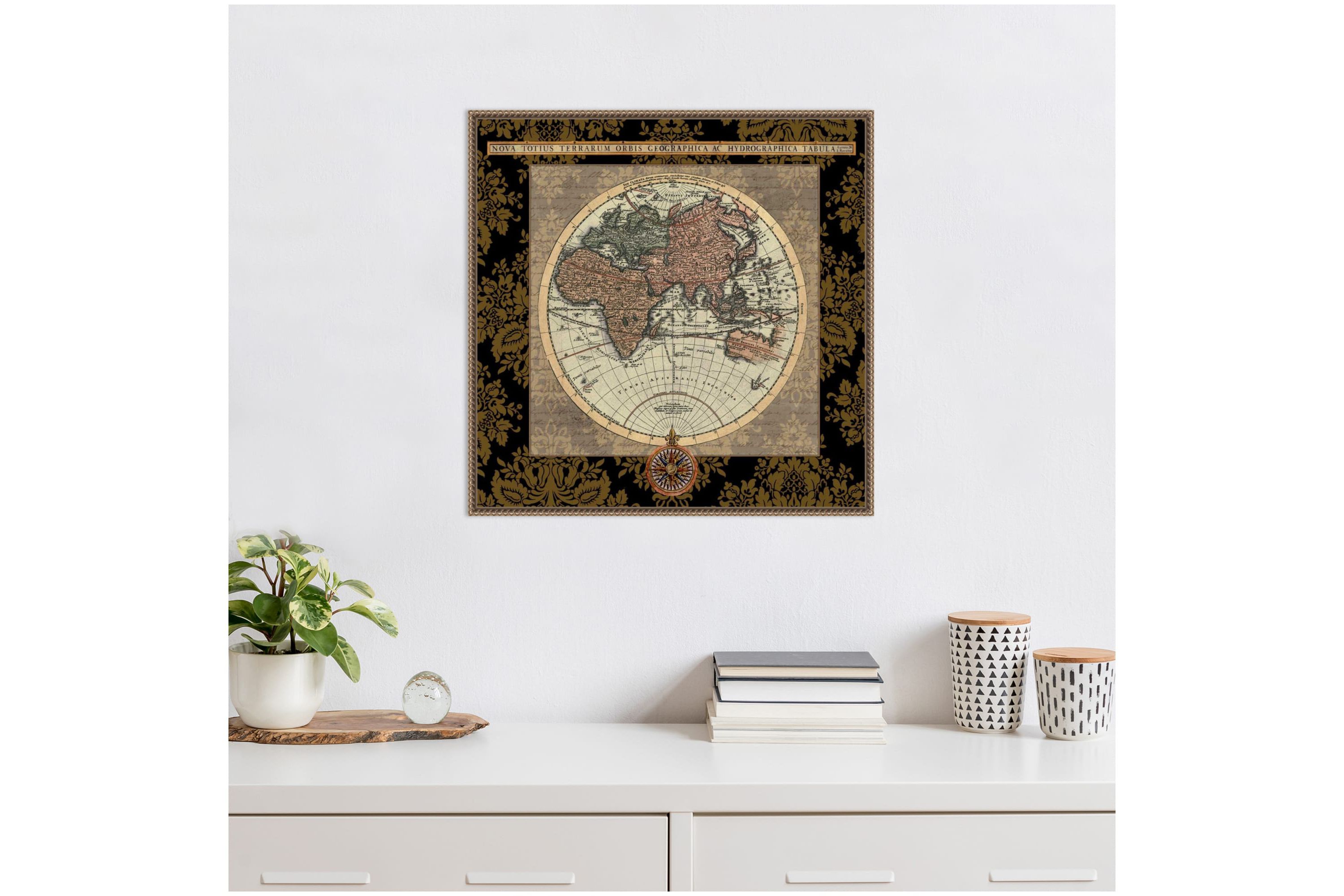 Damask on Black Map I Framed Canvas Wall Art Print