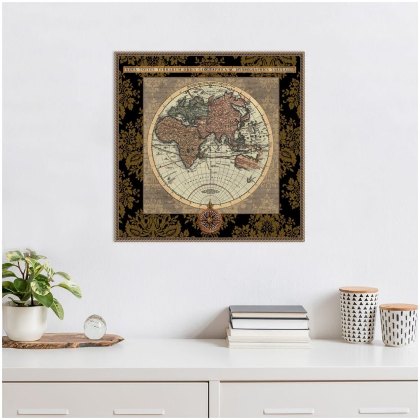 Damask on Black Map I Framed Canvas Wall Art Print