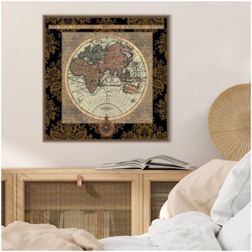 Damask on Black Map I Framed Canvas Wall Art Print