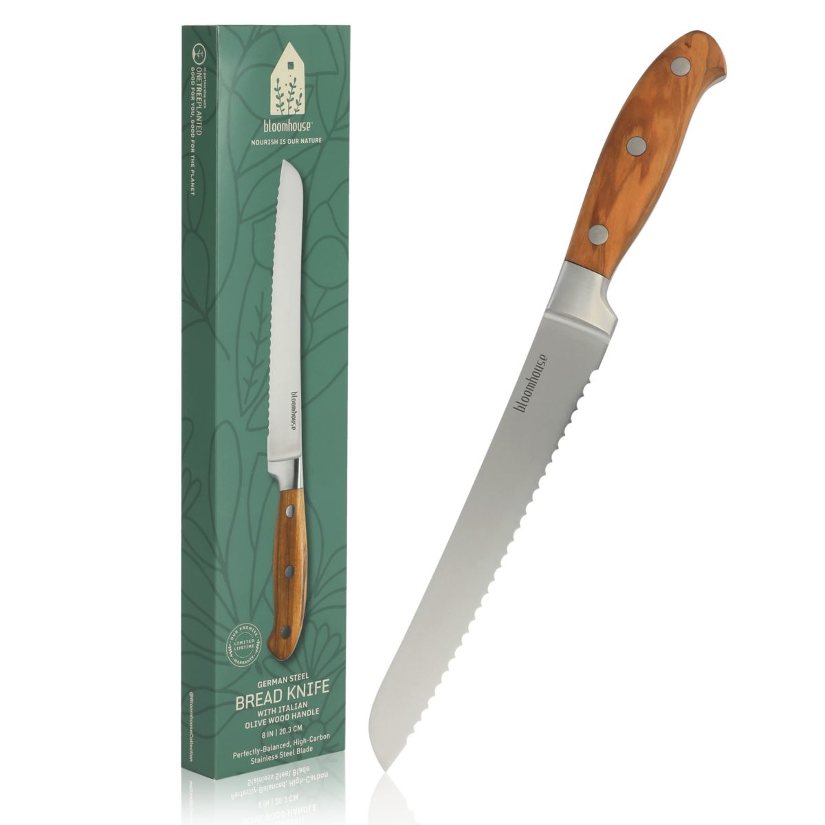 bloomhouse™ German Steel Bread Knife with Italian Olive Wood Handles, Riveted Handles, 8 inches