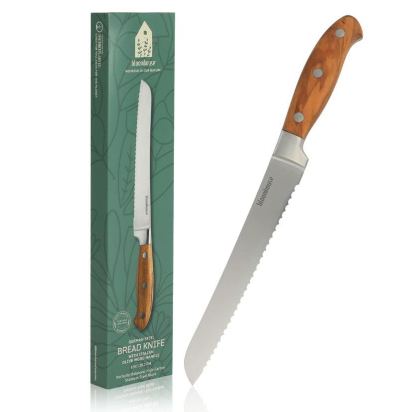 bloomhouse™ German Steel Bread Knife with Italian Olive Wood Handles, Riveted Handles, 8 inches