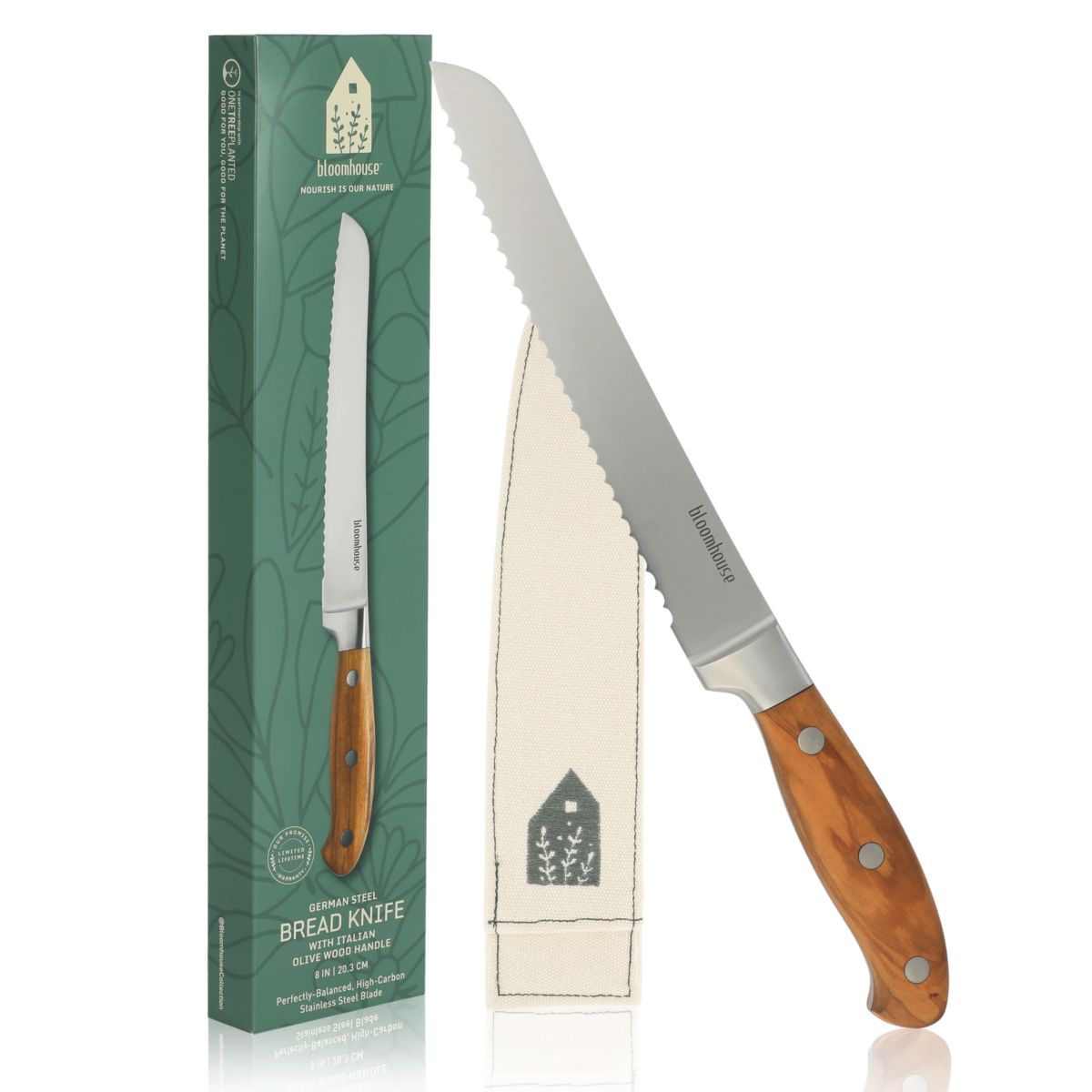 bloomhouse™ German Steel Bread Knife with Italian Olive Wood Handles, Riveted Handles, 8 inches