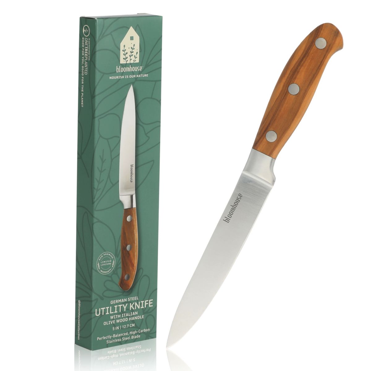 bloomhouse™ German Steel Utility Knife with Italian Olive Wood Handle, Riveted Handle, 5 inches