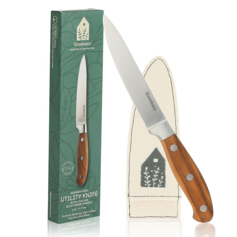 bloomhouse™ German Steel Utility Knife with Italian Olive Wood Handle, Riveted Handle, 5 inches