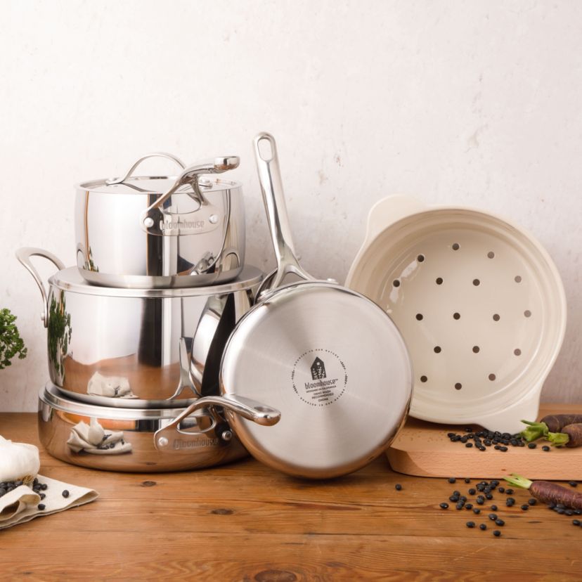 bloomhouse® Cookware Set, 8-piece Set, Ceramic Nonstick Interior, Stainless Steel, Induction Base, Oven Safe, Cook-to-Serve Steamer Insert