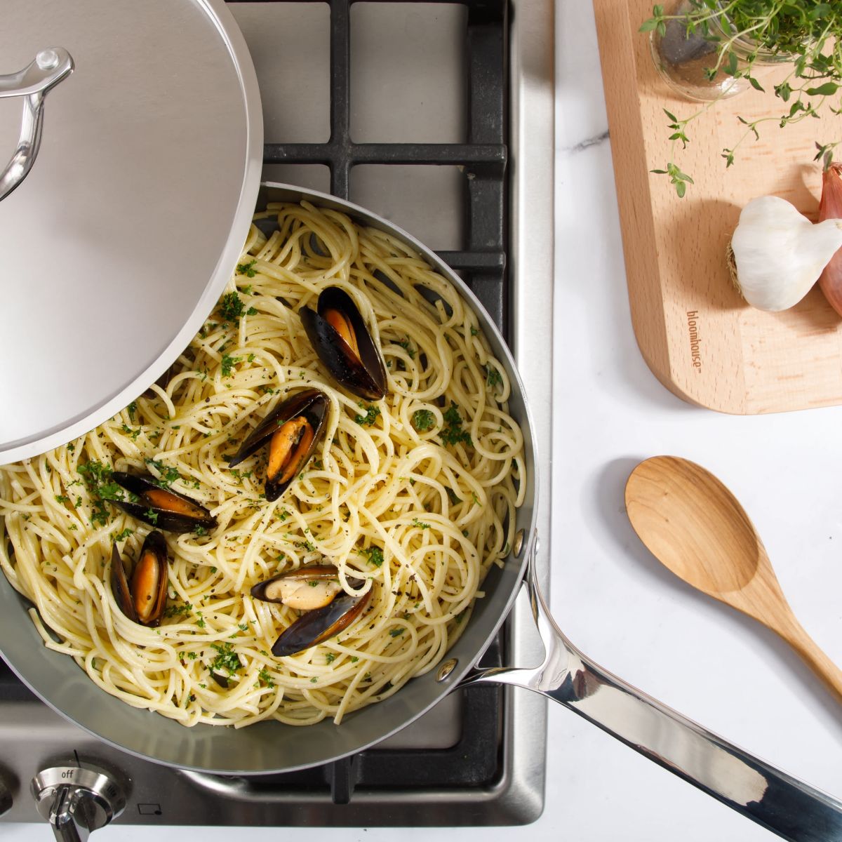 bloomhouse® Cookware Set, 8-piece Set, Ceramic Nonstick Interior, Stainless Steel, Induction Base, Oven Safe, Cook-to-Serve Steamer Insert