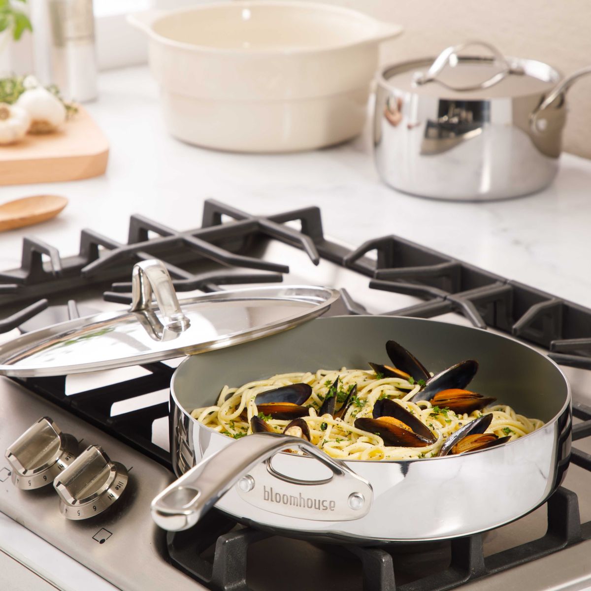 bloomhouse® Cookware Set, 8-piece Set, Ceramic Nonstick Interior, Stainless Steel, Induction Base, Oven Safe, Cook-to-Serve Steamer Insert