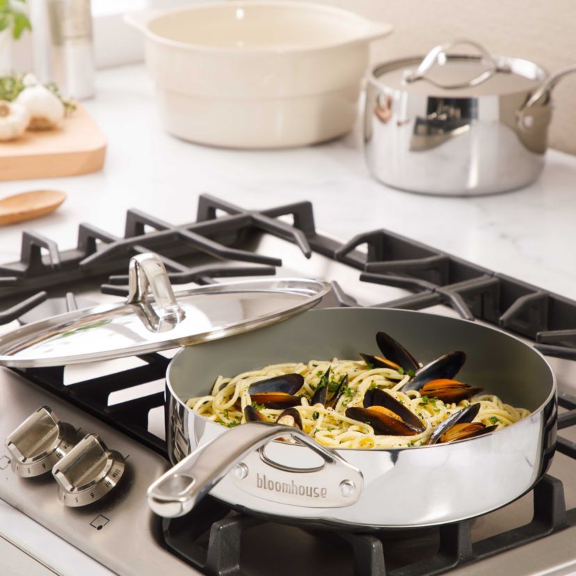 bloomhouse® Cookware Set, 8-piece Set, Ceramic Nonstick Interior, Stainless Steel, Induction Base, Oven Safe, Cook-to-Serve Steamer Insert