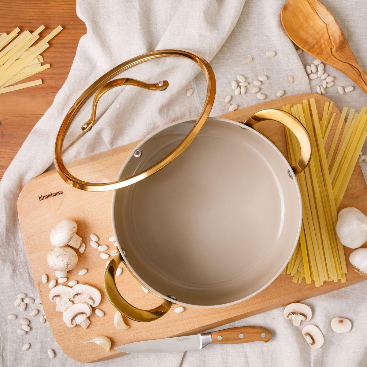 bloomhouse® Cookware Set, 8-piece Set, Ceramic Nonstick Interior, Aluminum, Gold Handles, Cast Stainless Steel Handles, Tempered Glass Lids, induction Base, Oven safe