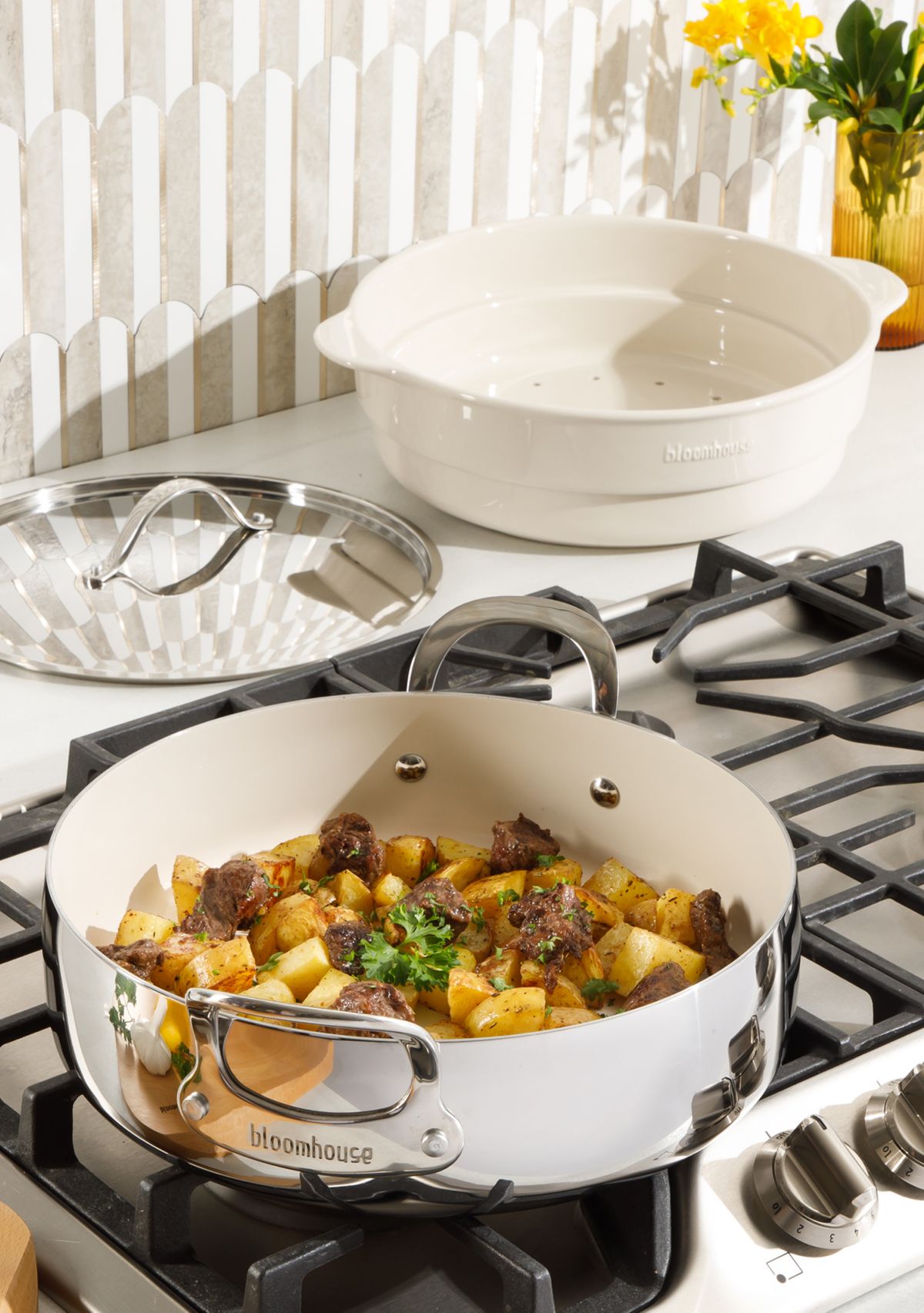 Ceramic 3 Piece 6 Quart Nonstick Stainless Steel Everyday Pan Set with Ceramic Steamer Insert