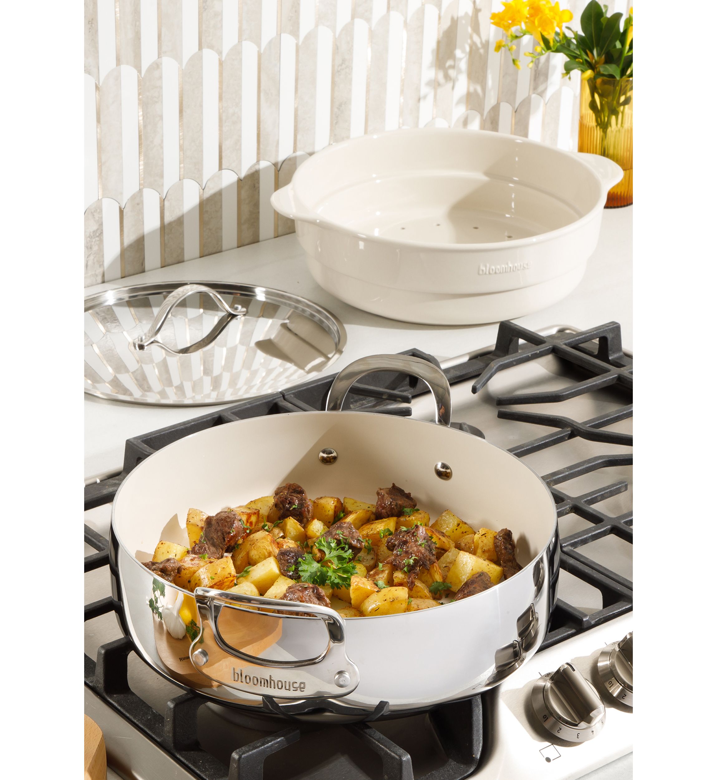 Ceramic 3 Piece 6 Quart Nonstick Stainless Steel Everyday Pan Set with Ceramic Steamer Insert
