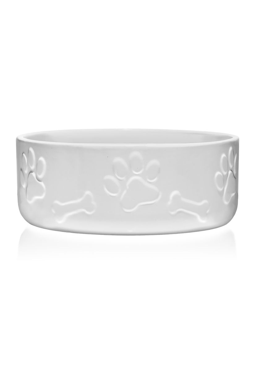 White Ceramic Paw and Bone Design Pet Bowl 