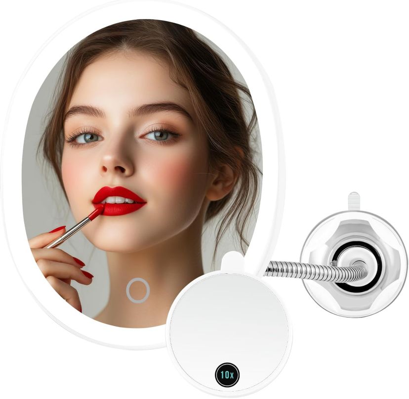 Gooseneck Lighted Mirror with Mini Suction-cup Mirror