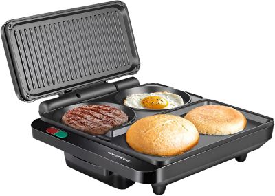 Ovente Sandwich Maker and Hamburger Grill Machine with Non-Stick Griddle and Griller Plate, 1000W Electric Multipurpose Breakfast Station for, Black