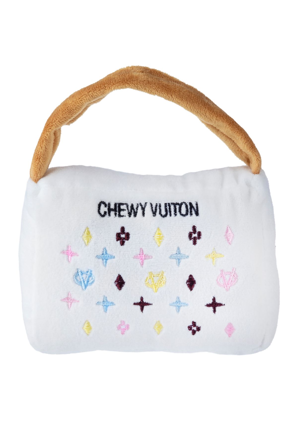 White Chewy Vuiton Handbag Plush Dog Toy