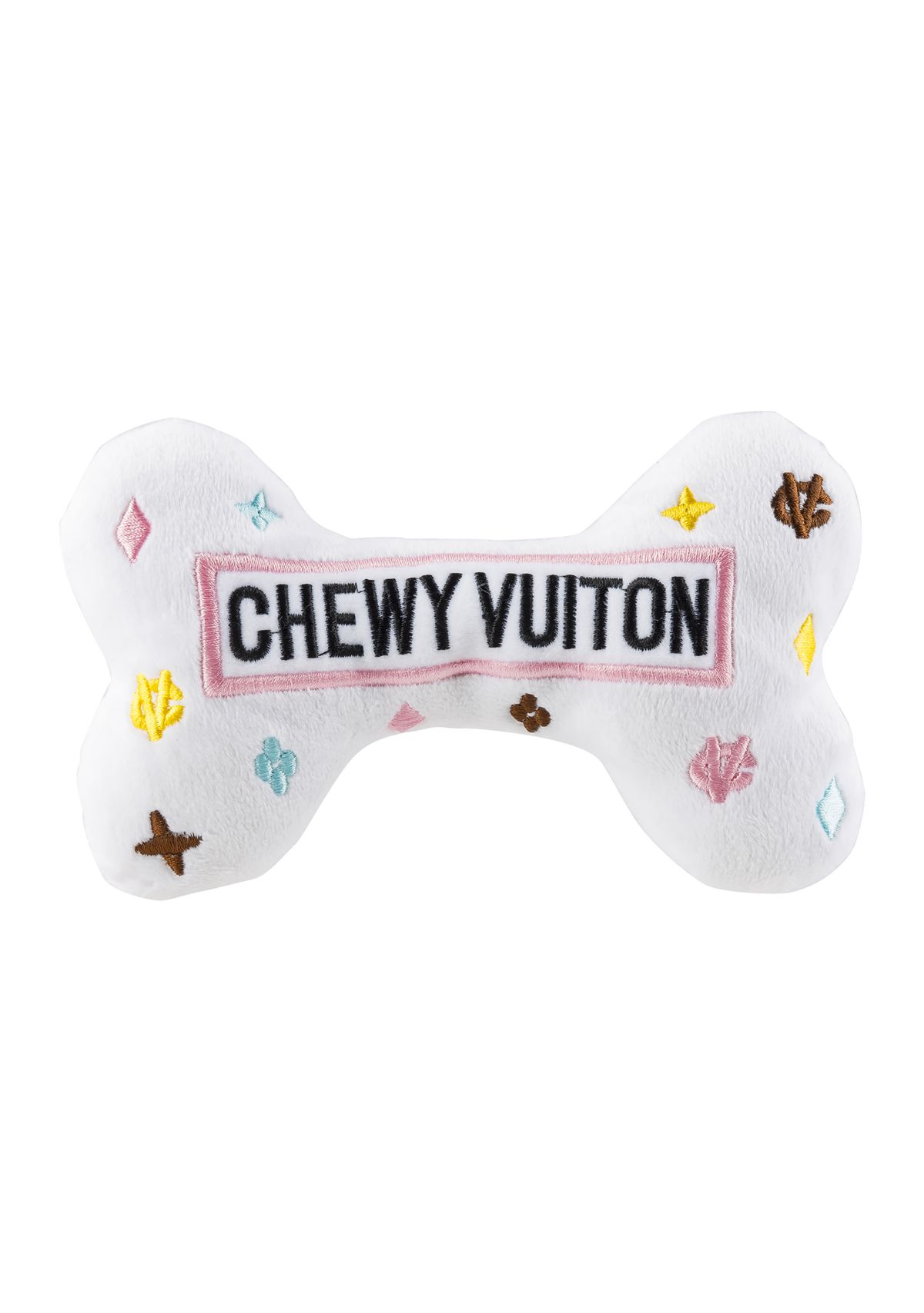 White Chewy Vuiton Bone Plush Dog Toy
