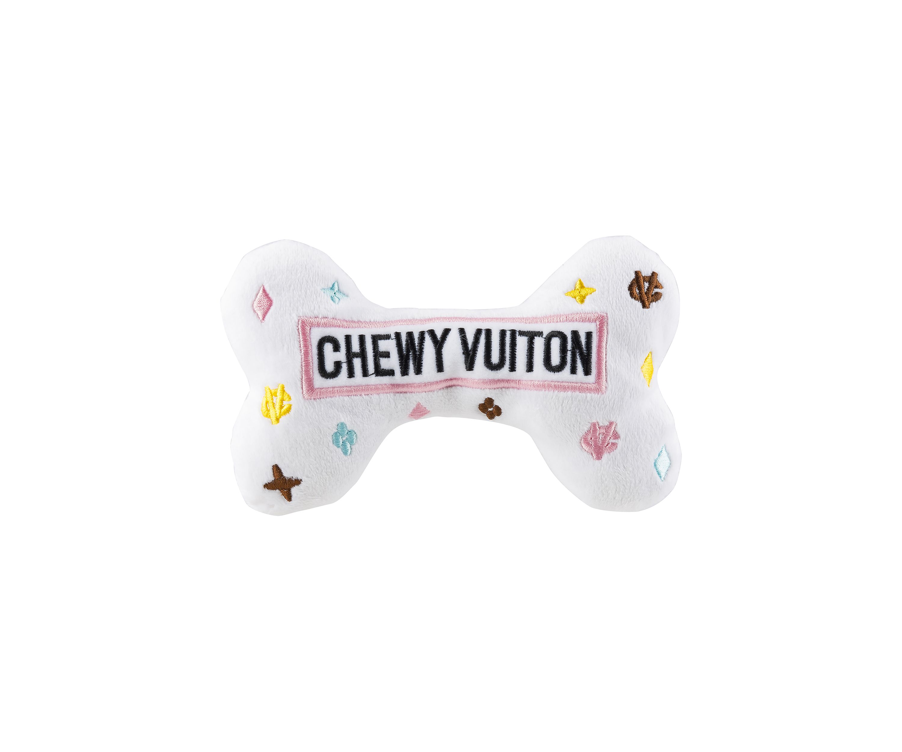 White Chewy Vuiton Bone Plush Dog Toy