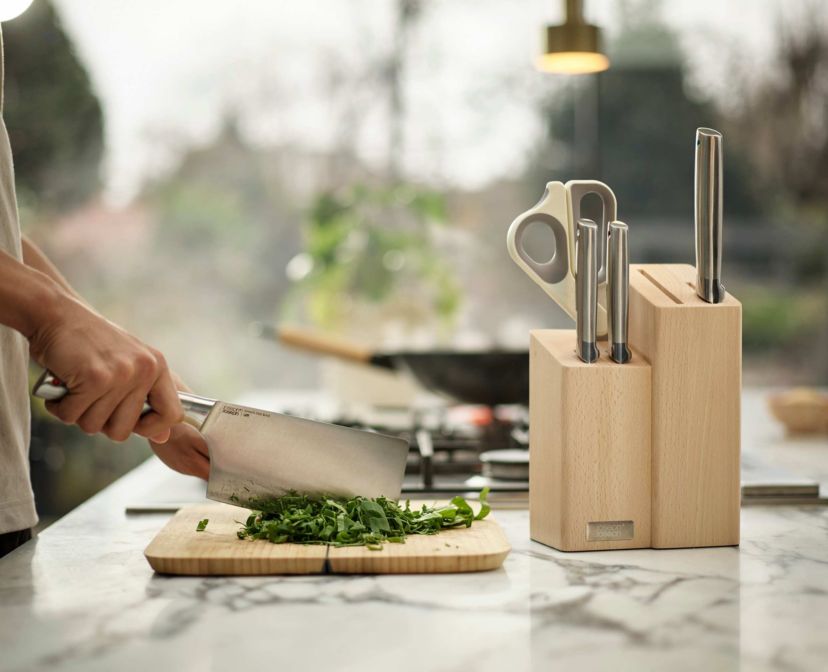 Elevate Fusion 5-piece knife, cleaver and scissor set with beechwood block