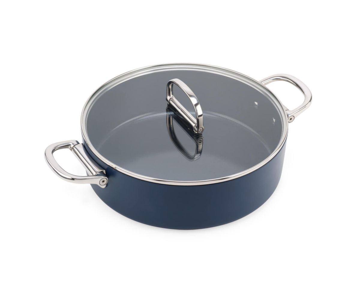 Space Saving 5 qt Ceramic Non-Stick shallow casserole with folding handles  and lid