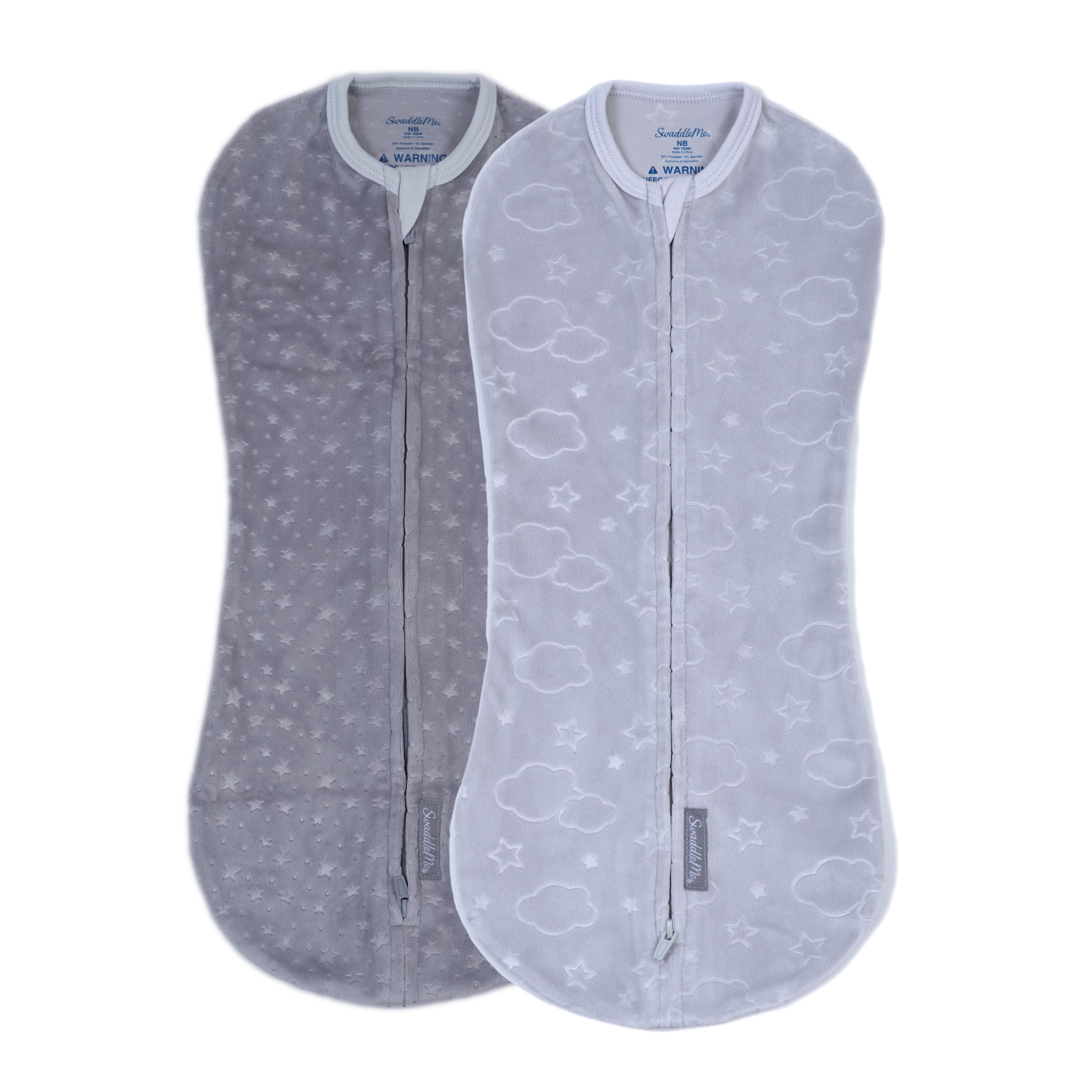 SwaddleMe by Ingenuity Compression Baby Swaddle Pod in Velboa, Two-Way Zipper, 0-2 Months, 1.0 TOG, 2-Pack - Clouds & Stars