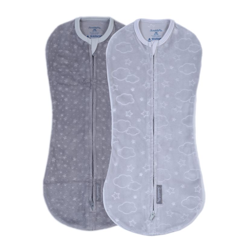 SwaddleMe by Ingenuity Compression Baby Swaddle Pod in Velboa, Two-Way Zipper, 0-2 Months, 1.0 TOG, 2-Pack - Clouds & Stars