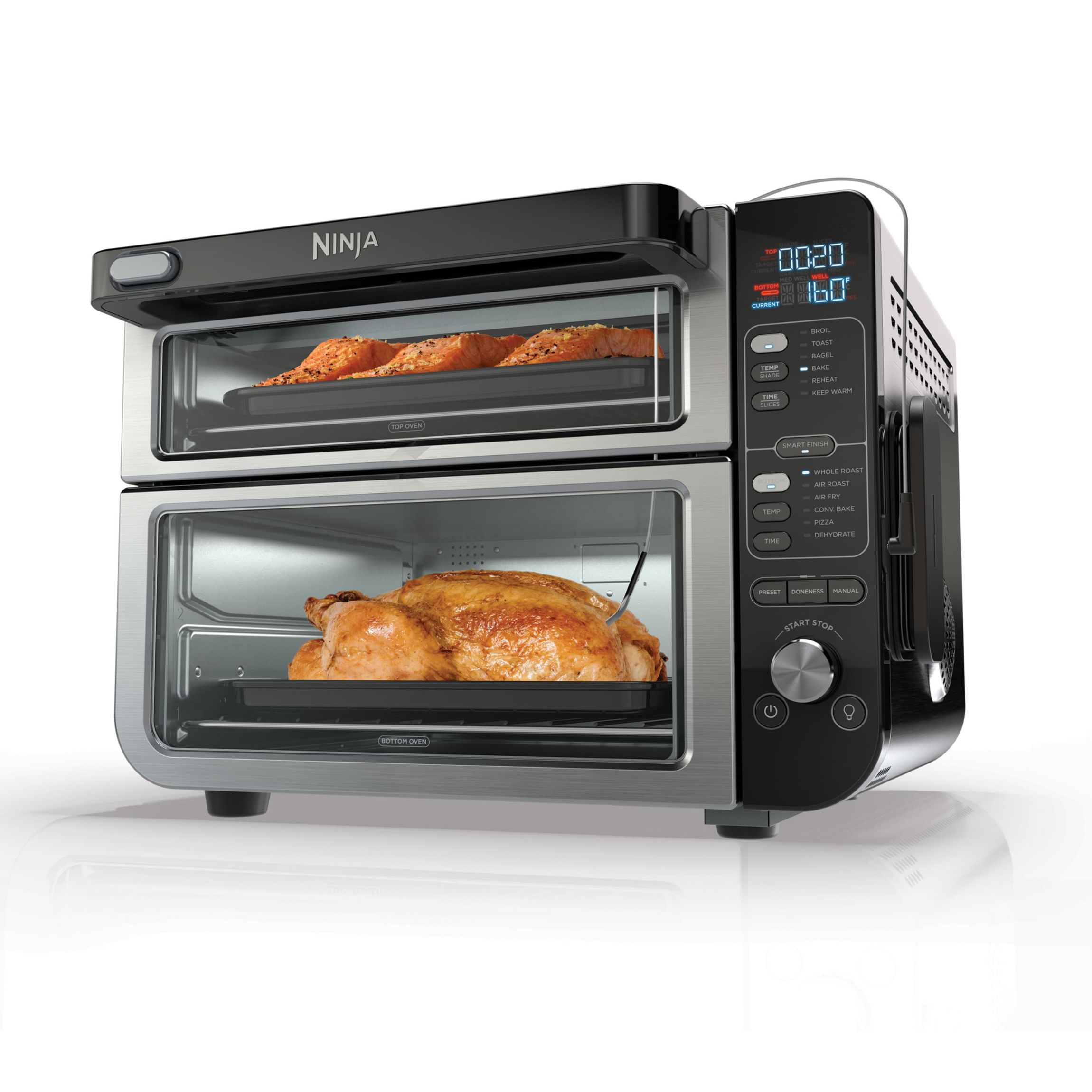 12-in-1 Smart Double Oven with FlexDoor, Smart Thermometer, FlavorSeal, Smart Finish, Rapid Top Oven, Convection and Air Fry Bottom Oven, Stainless Steel