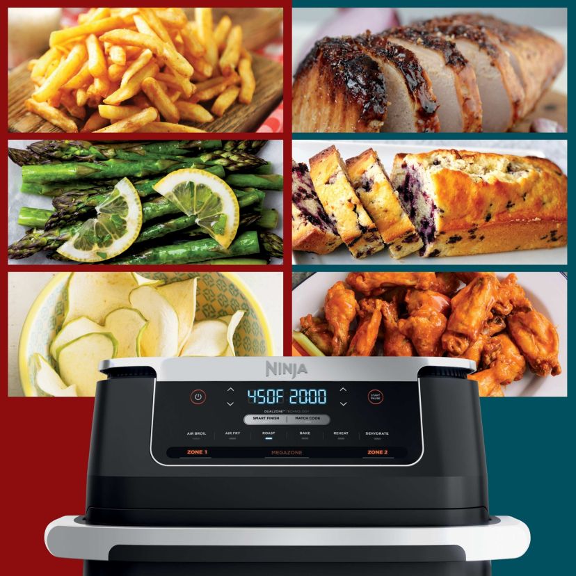 Foodi 6-in-1 FlexBasket Air Fryer with 7-QT MegaZone & Basket Divider for Large Proteins & Full Meals, Smart Finish Cook 2 Foods 2 Ways, Family Sized Capacity, Air Fry, Roast & More, Black