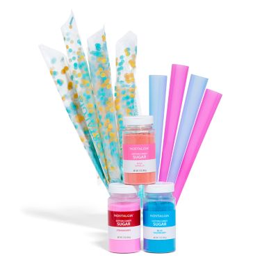 Nostalgia Cotton Candy Party Kit - Pink Vanilla, Blue Raspberry, Strawberry Flossing Sugars (7-oz. each) with Reusable Cones and Twist Ties, White