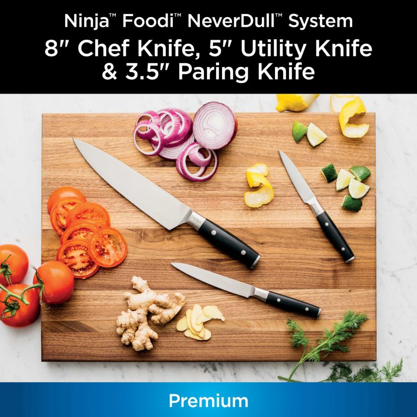 Foodi NeverDull System 3-Piece Chef Knife, Utility Knife & Paring Knife Set, Premium, German Stainless Steel, Black