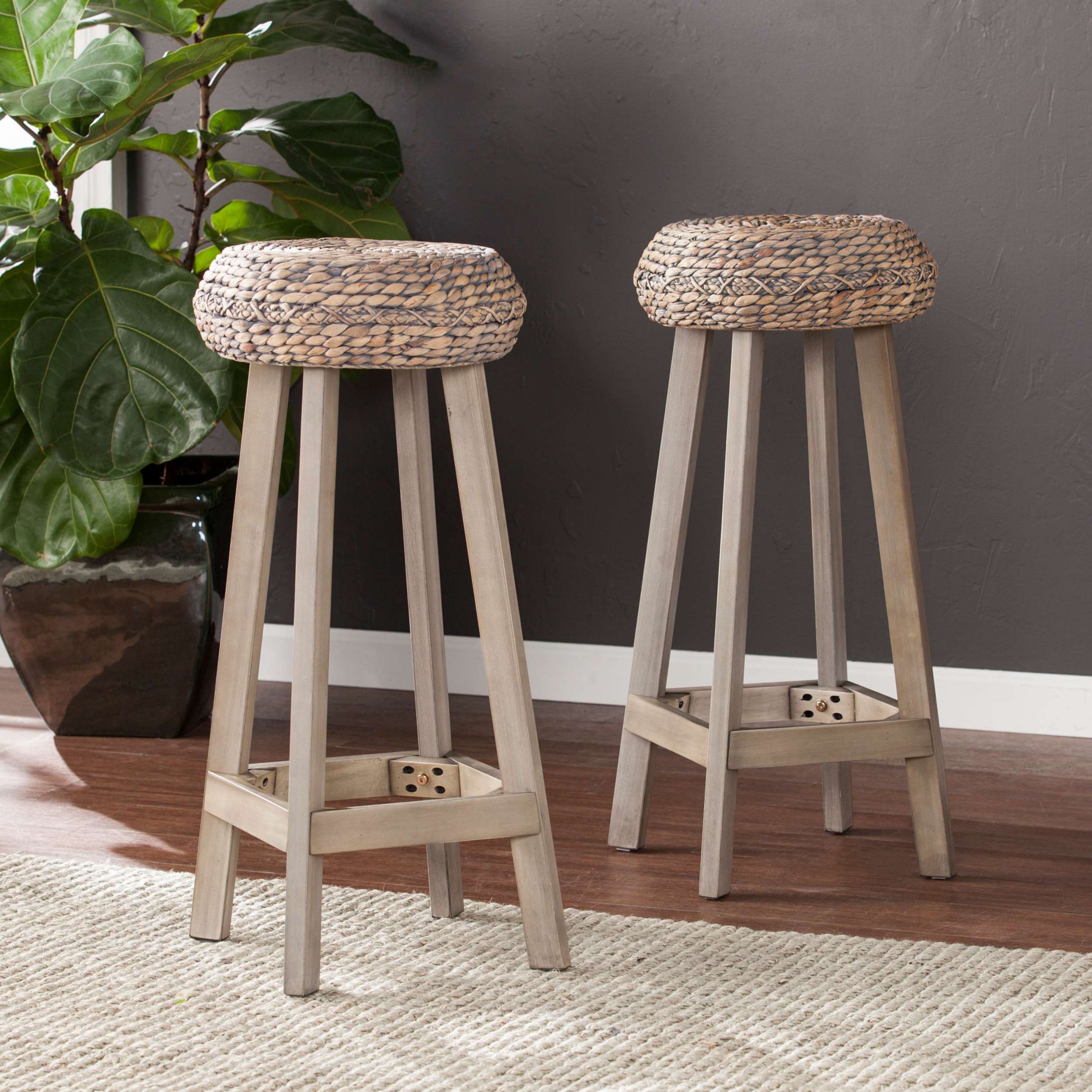Rutina Round Backless Water Hyacinth 30" Barstools 2 Piece Set