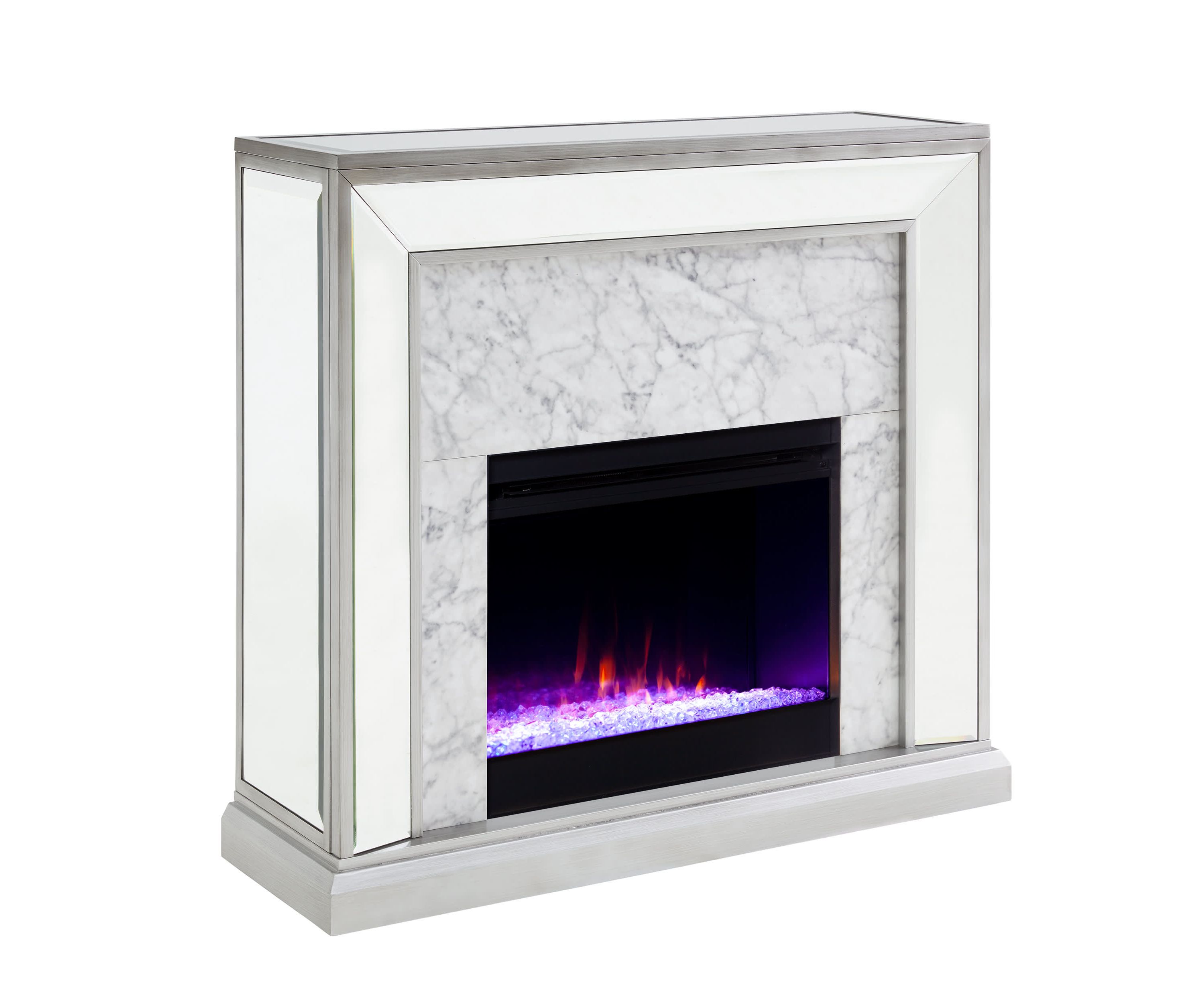 Trandling Mirrored Faux Stone Fireplace with Color Changing Firebox
