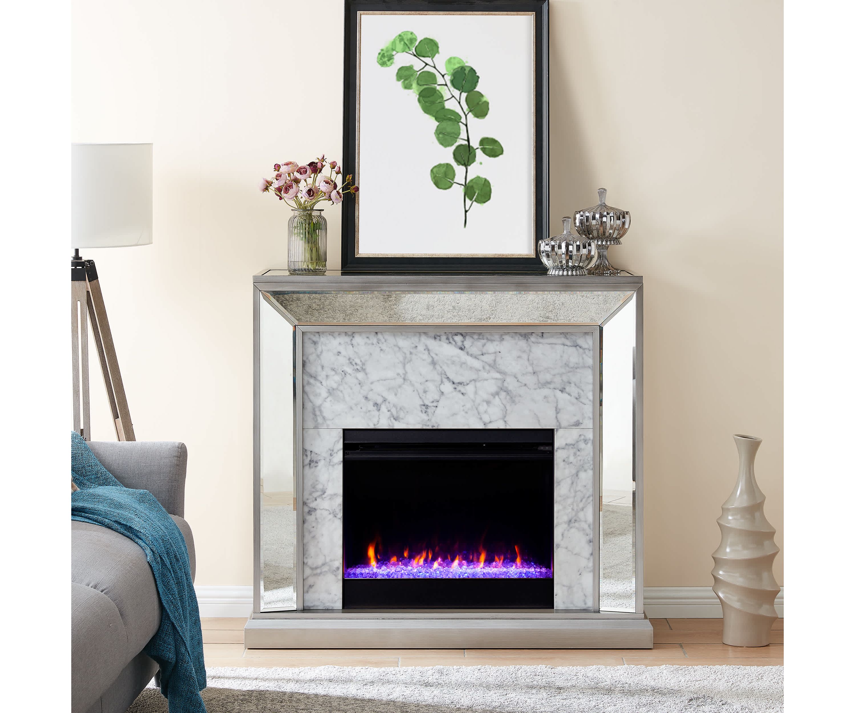 Trandling Mirrored Faux Stone Fireplace with Color Changing Firebox