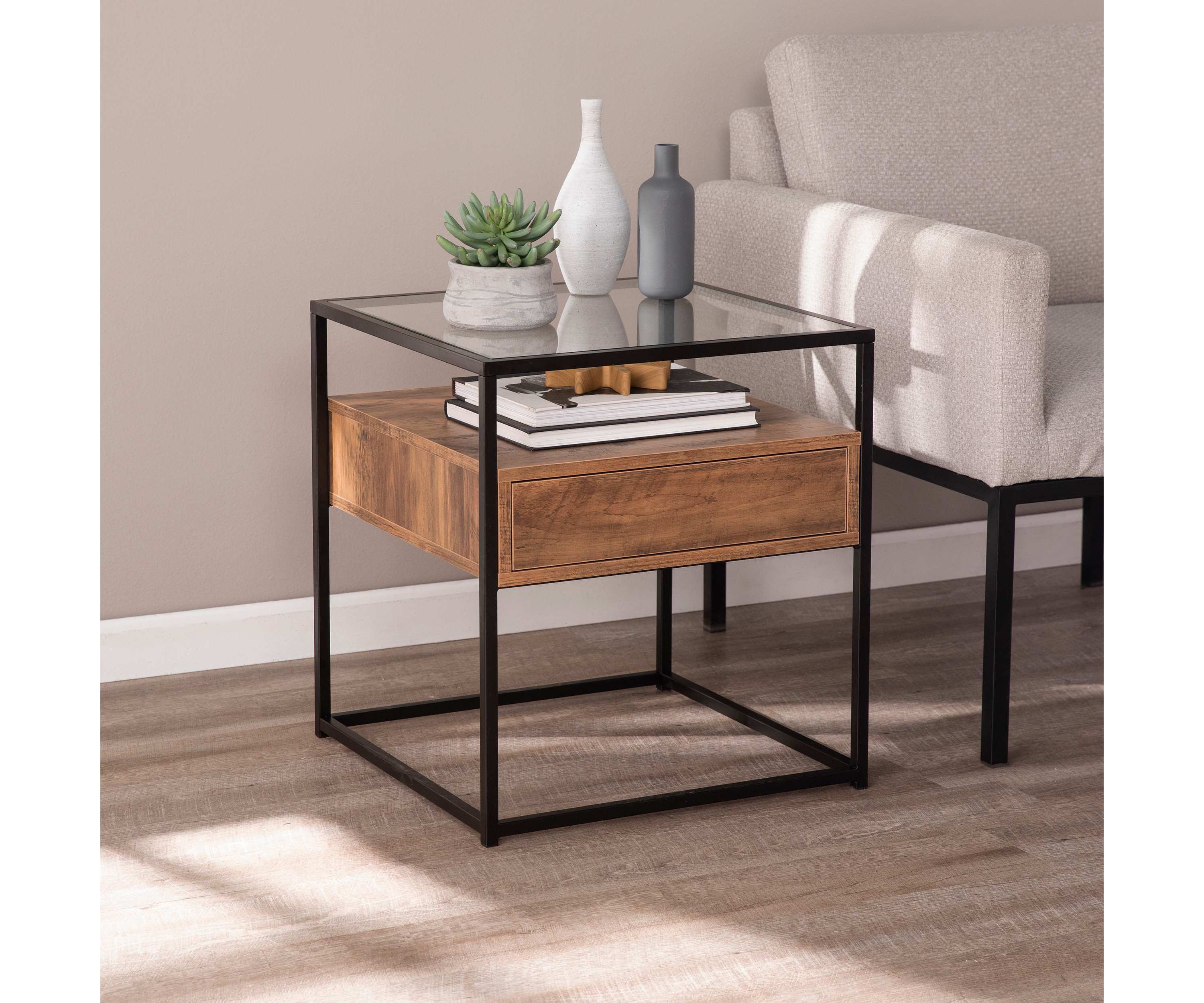Olivern Glass-Top End Table w/ Storage