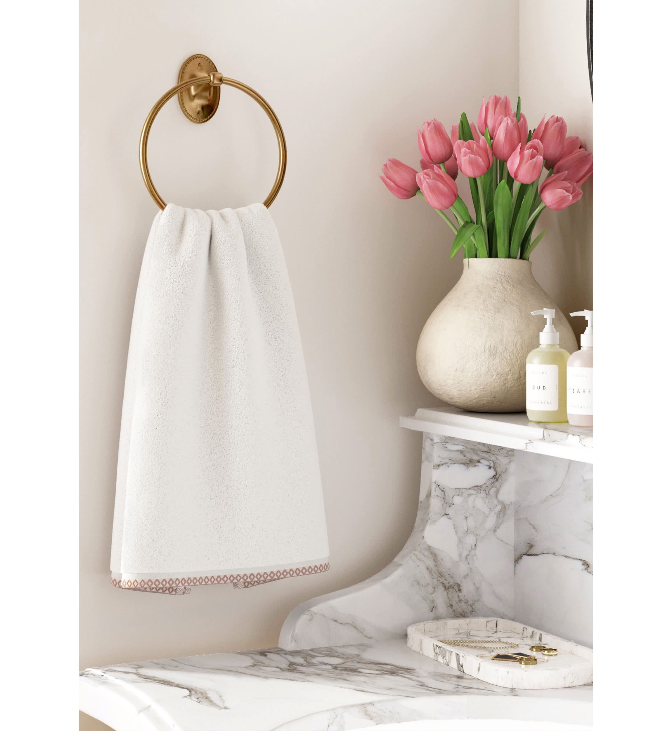 Quick-Dry Cotton Decorative Border 6 Pack Hand Towel Set