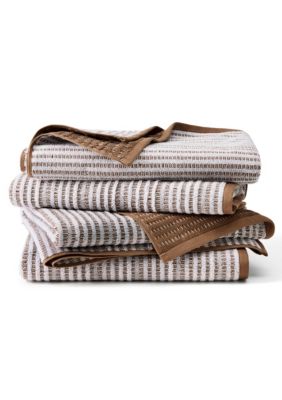 TOWN & COUNTRY LIVING 4-Piece Striped Reversible Terry Brights Grape Purple Bath Towel Set, Brown