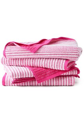 TOWN & COUNTRY LIVING 4-Piece Striped Reversible Terry Brights Grape Purple Bath Towel Set, Pink