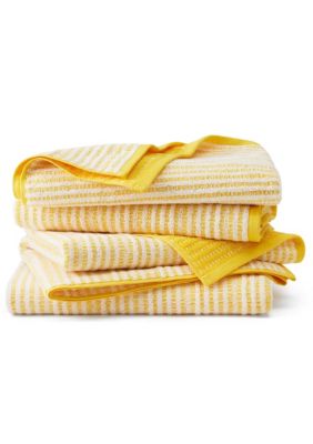 TOWN & COUNTRY LIVING 4-Piece Striped Reversible Terry Brights Grape Purple Bath Towel Set, Yellow