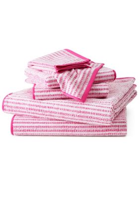 TOWN & COUNTRY LIVING 6-Piece Striped Reversible Terry Brights Sunshine Yellow Bath Set, Pink, Towel Set