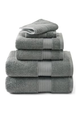 TOWN & COUNTRY LIVING 6-Piece Assorted Solid Dobby Border White Bath Set, Grey, Towel Set