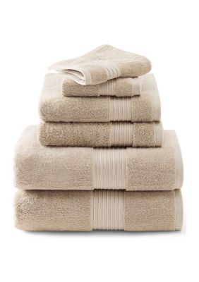 TOWN & COUNTRY LIVING 6-Piece Assorted Solid Dobby Border White Bath Set, Beige, Towel Set
