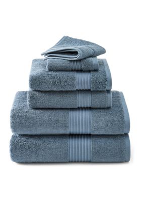 TOWN & COUNTRY LIVING 6-Piece Assorted Solid Dobby Border White Bath Set, Blue, Towel Set
