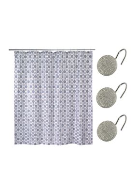 Avanti Dotted Circles Shower Curtain-Hooks Set, White, Towel Set